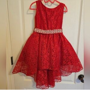 Girls Red Lace High-Low Party Dress with Beaded Waist